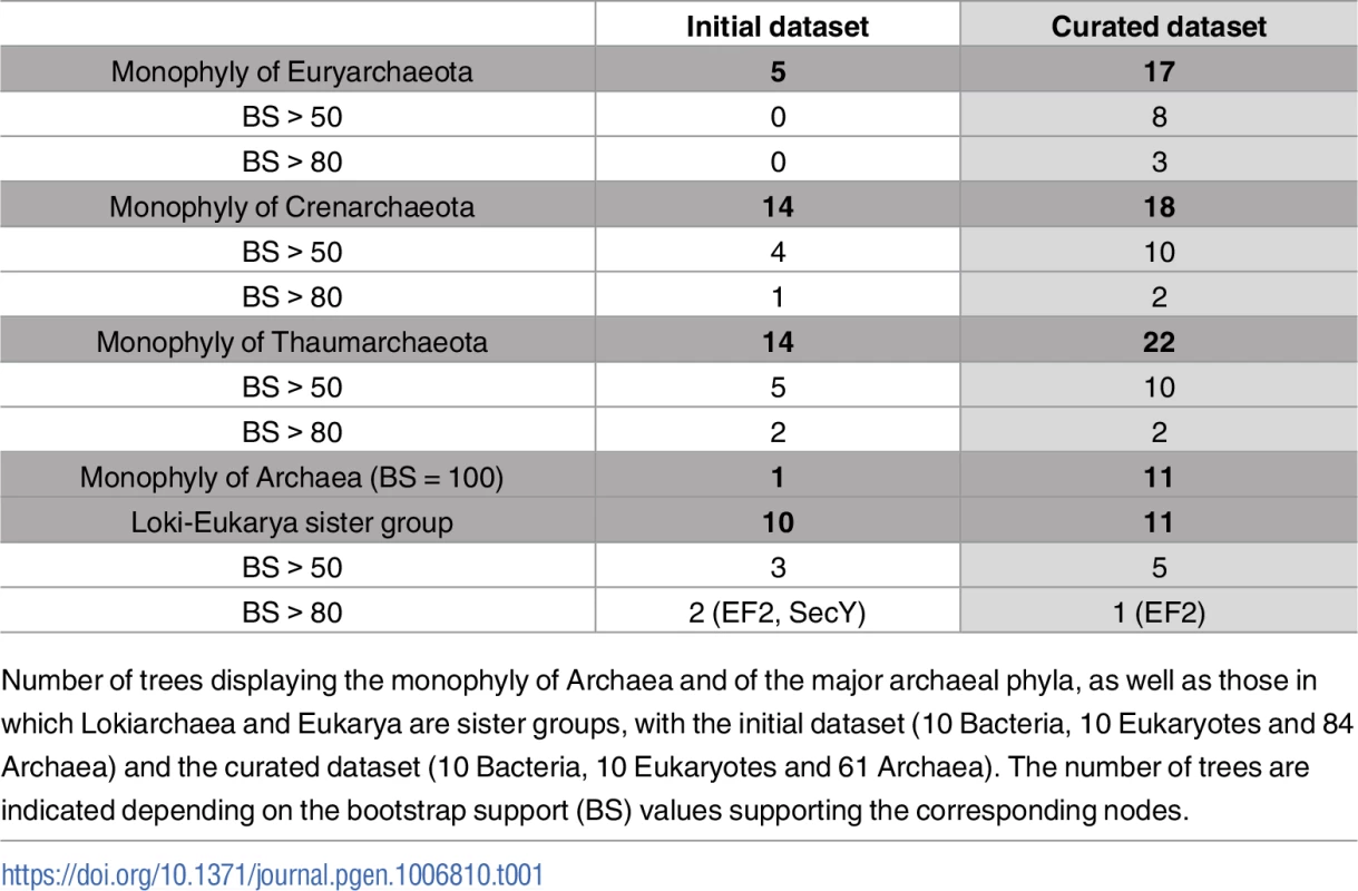 Comparative analysis of the 36 individual phylogenetic trees obtained with the initial and the curated datasets.