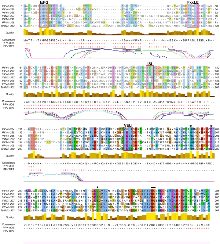 Alignment of P1 amino acid sequences from PPV and six reference potyviruses.