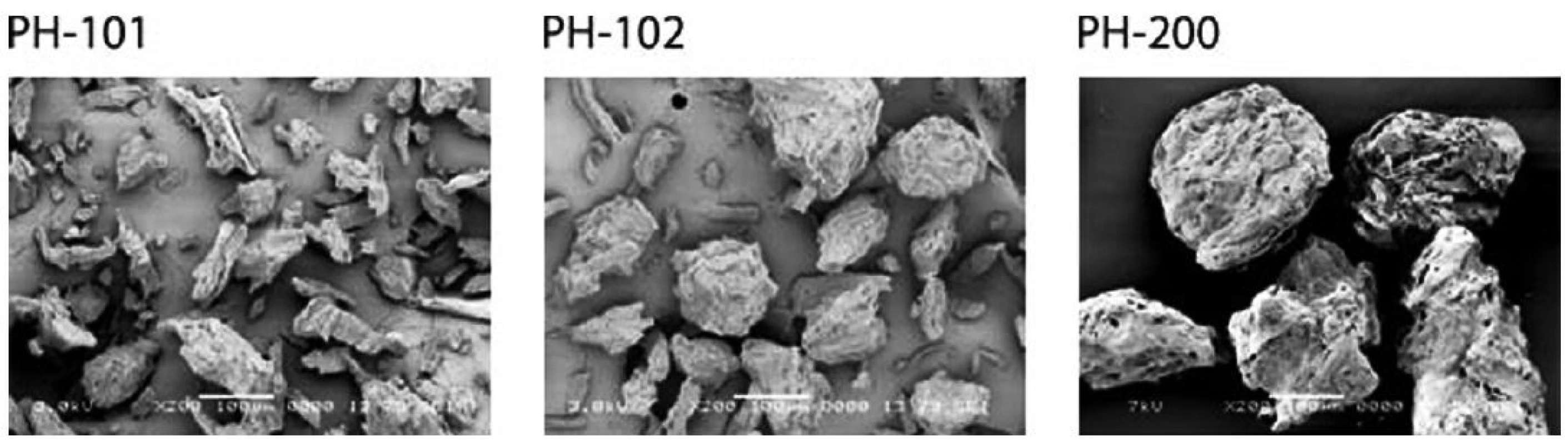 Mikroskopický snímek tří typů mikrokrystalické celulosy&lt;sup&gt;77)&lt;/sup&gt;