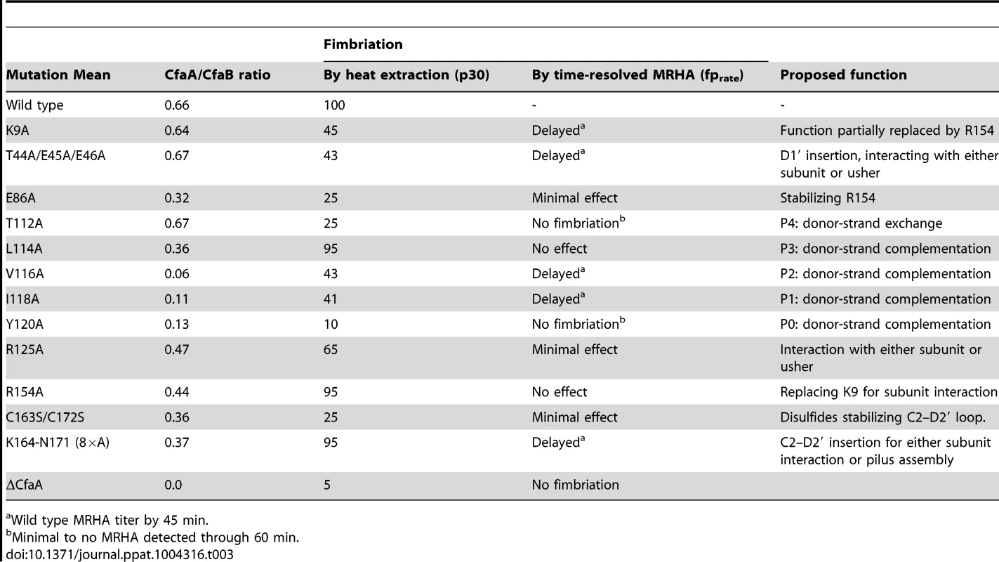 Summary of effects of CfaA mutations on its interactions to CfaB subunit and pilus formation.