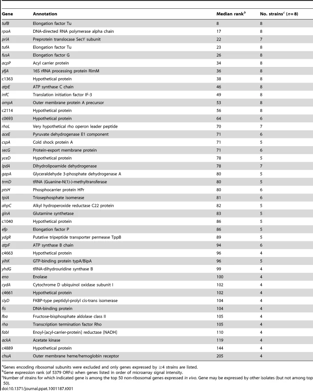 Genes among the top 50 non-ribosomal genes expressed by at least half of clinical isolates <i>in vivo</i><em class=&quot;ref&quot;>a</em>.
