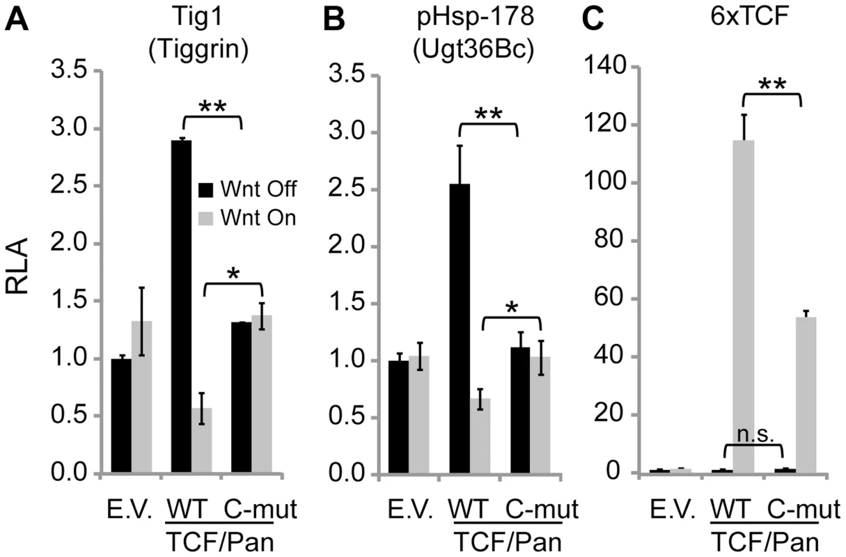 The C-clamp domain of TCF/Pan is required for Wnt-mediated repression of <i>Tig</i> and <i>Ugt36Bc</i> W-CRMs.