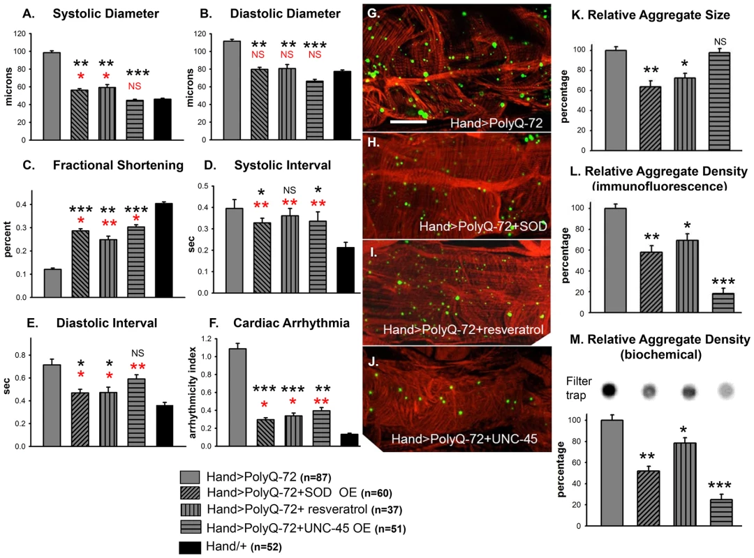 Over-expression of SOD or treatment with resveratrol or over-expression of UNC-45 all rescue PolyQ-72 induced cardiac dysfunction to some extent.