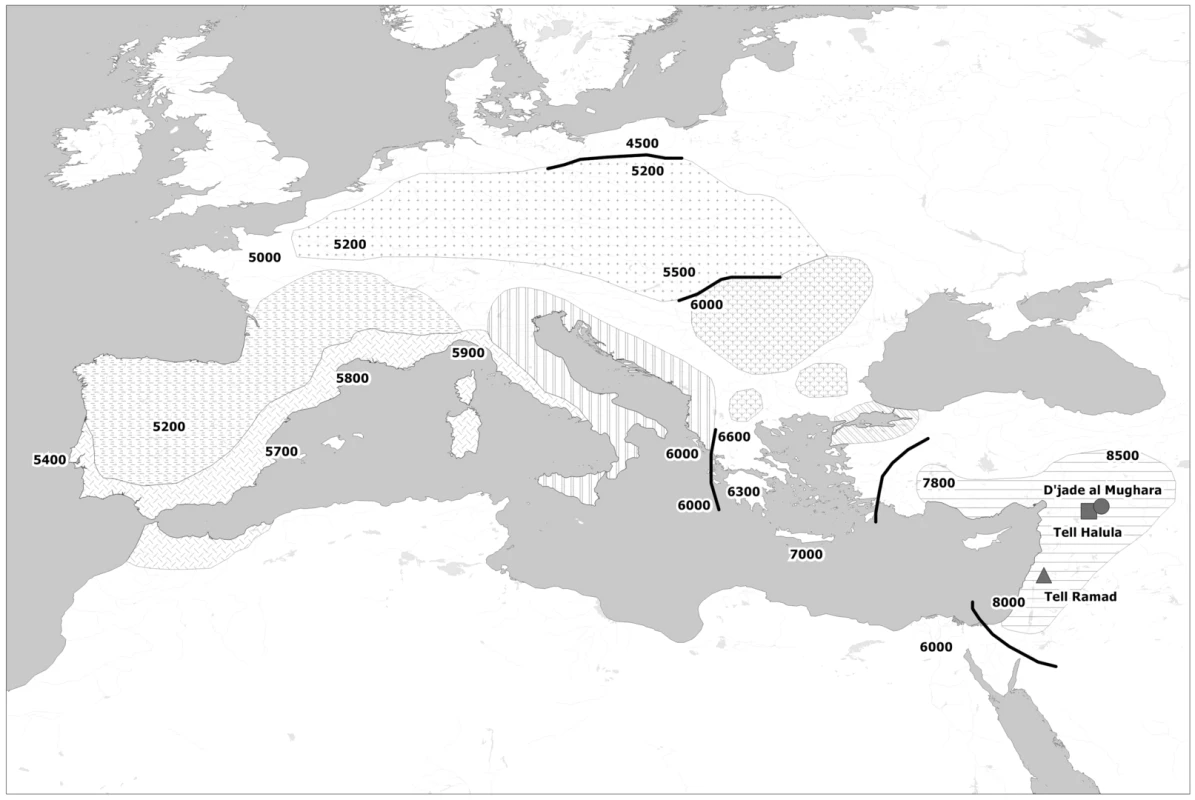 Map of the spread of Neolithic farming cultures in Europe.