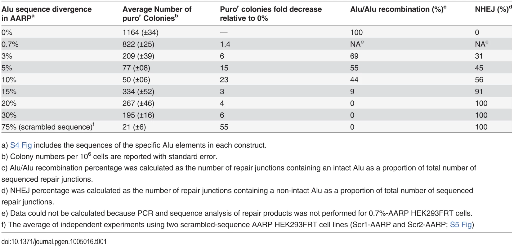 The average puromycin resistant (puro<sup>r</sup>) colonies and repair pathway contribution for AARP HEK293FRT cells.