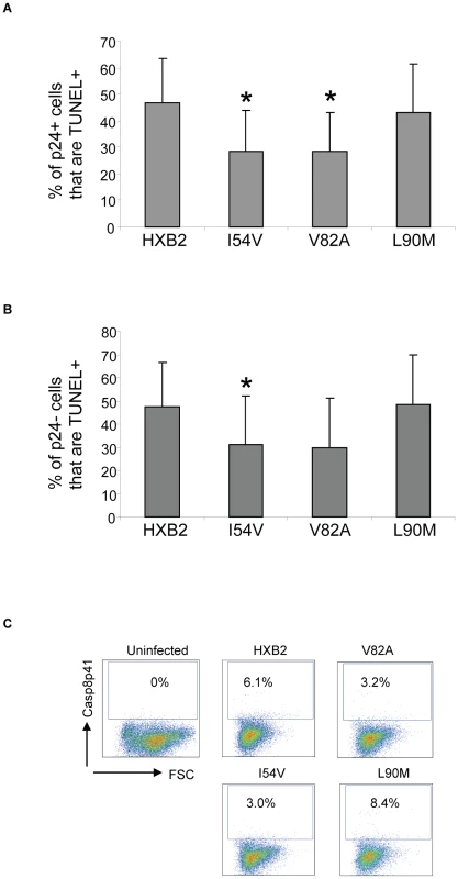 HXB2 containing Discordance Associated Mutations (DAMs) are associated with reduced generation of TUNEL positivity and reduced Casp8p41 production.