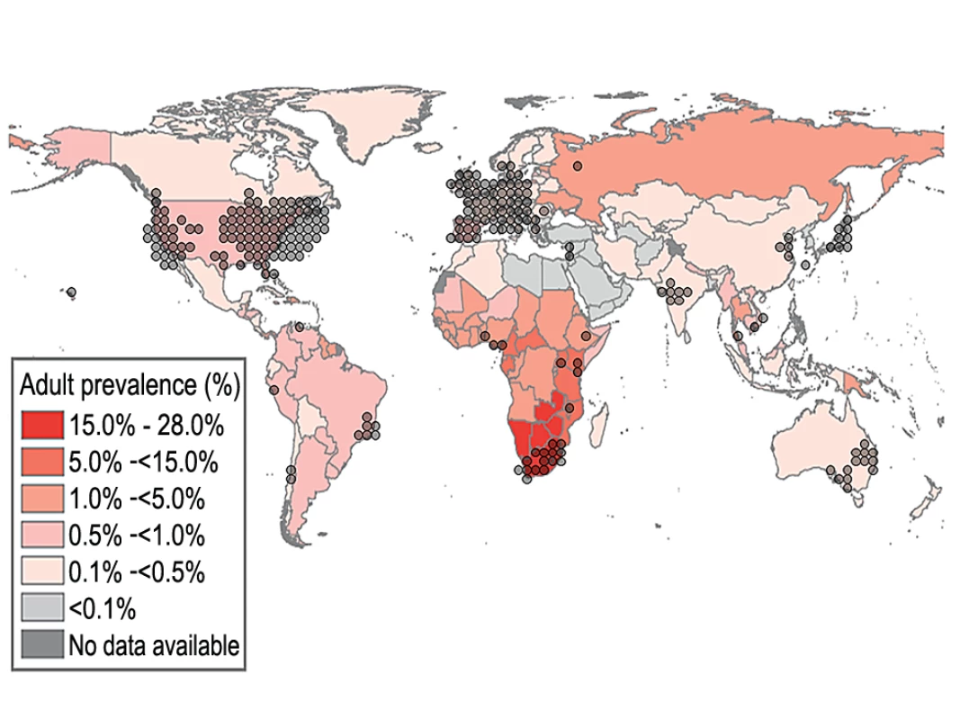 Global HIV prevalence <em class=&quot;ref&quot;>[36]</em> overlaid with 300 PubMed articles (keyword: HIV) published in 2007 on HIV.