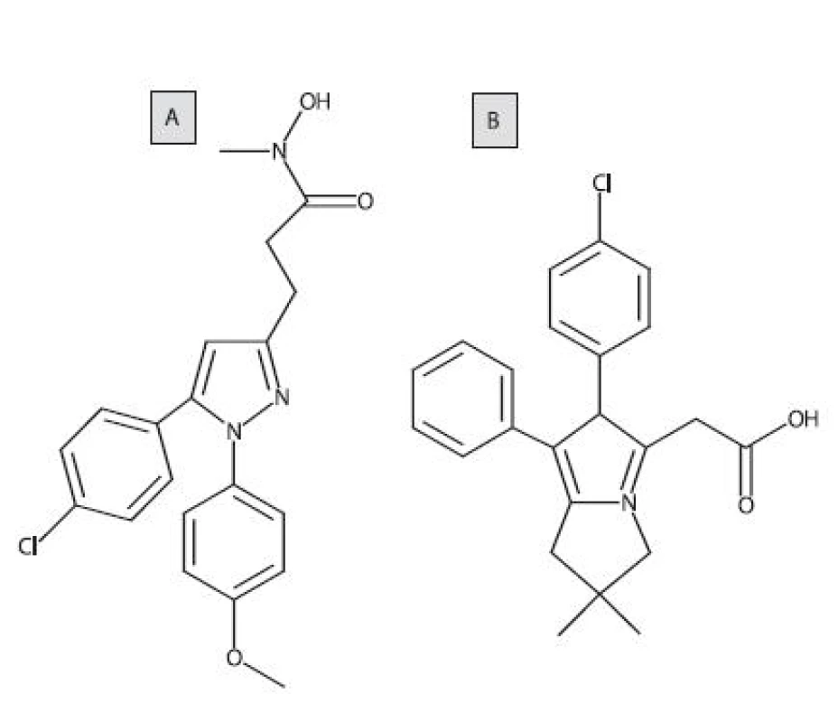 Štruktúrny vzorec tepoxalínu a likofelónu (A: tepoxalín, B: likofenón)