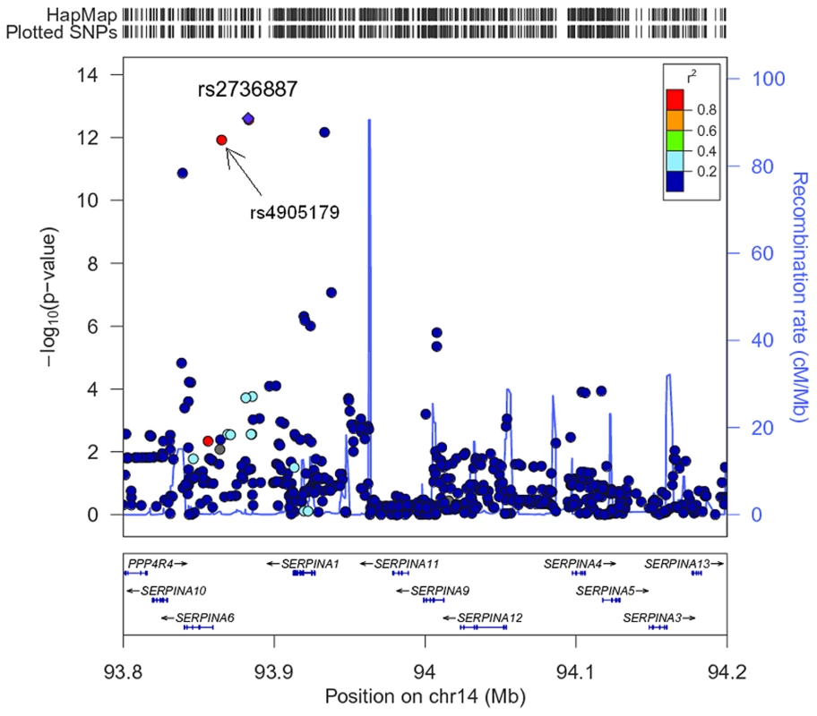 Regional plot for the <i>SERPINA</i> gene cluster (93.8–94.2 Mb on chromosome 14q32.13, reference panel: NCBI build 36.3).