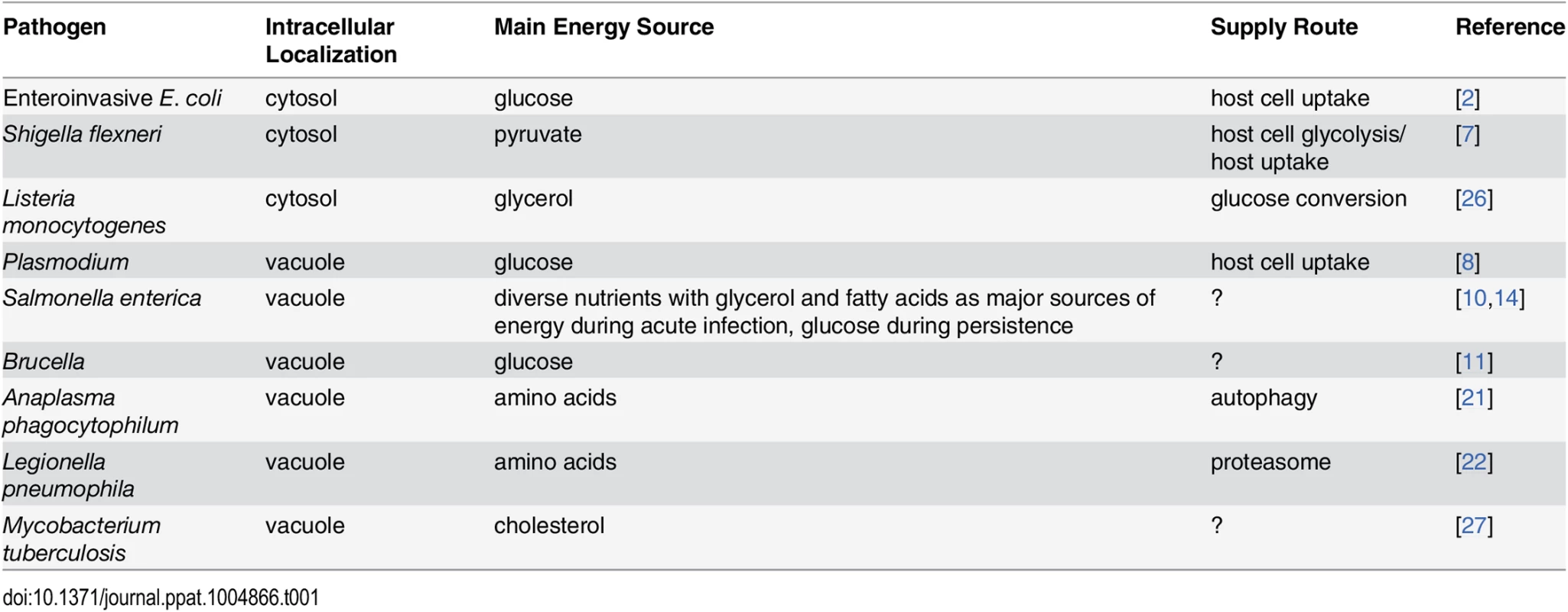 Main energy sources of intracellular pathogens.