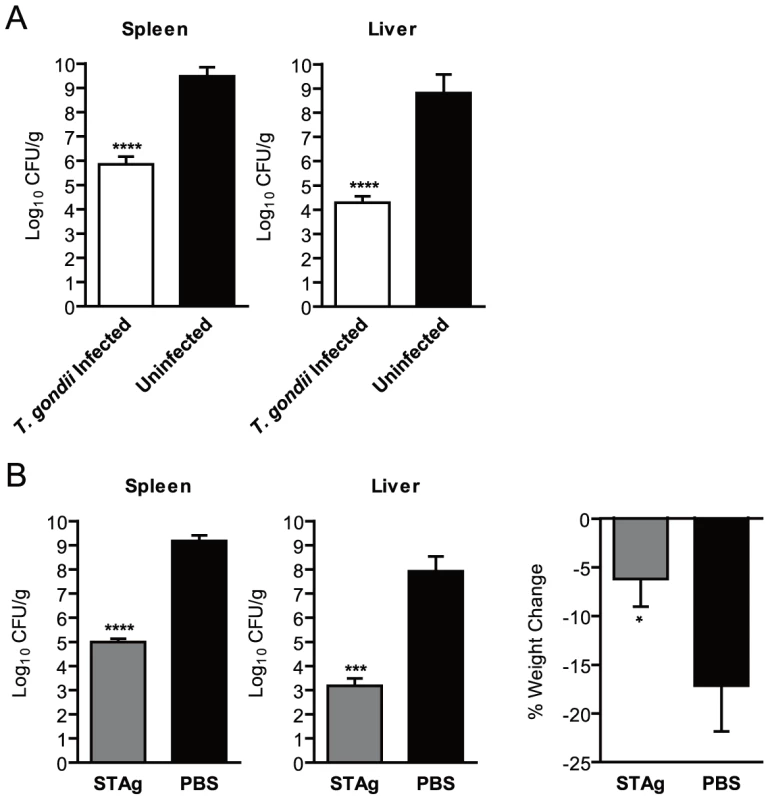 Chronic <i>T. gondii</i> infection or stimulation with STAg reduces bacterial burden during <i>L. monocytogenes</i> infection.