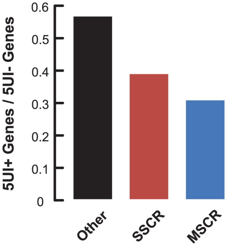 5′UTR introns (5UIs) are depleted in genes that contain SSCRs and MSCRs.
