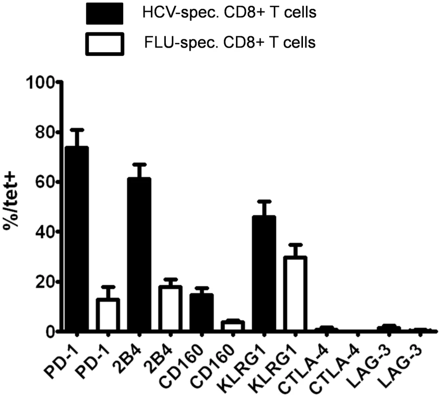 Expression of various inhibitory receptors by HCV-specific CD8+ T cells.