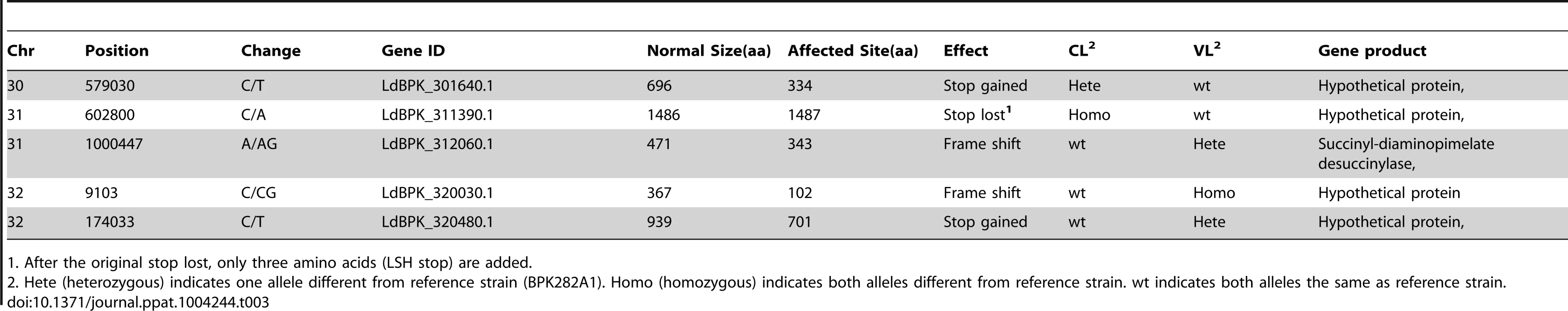Genes unequally affected in the CL and VL isolates by frame shift or stop site change.