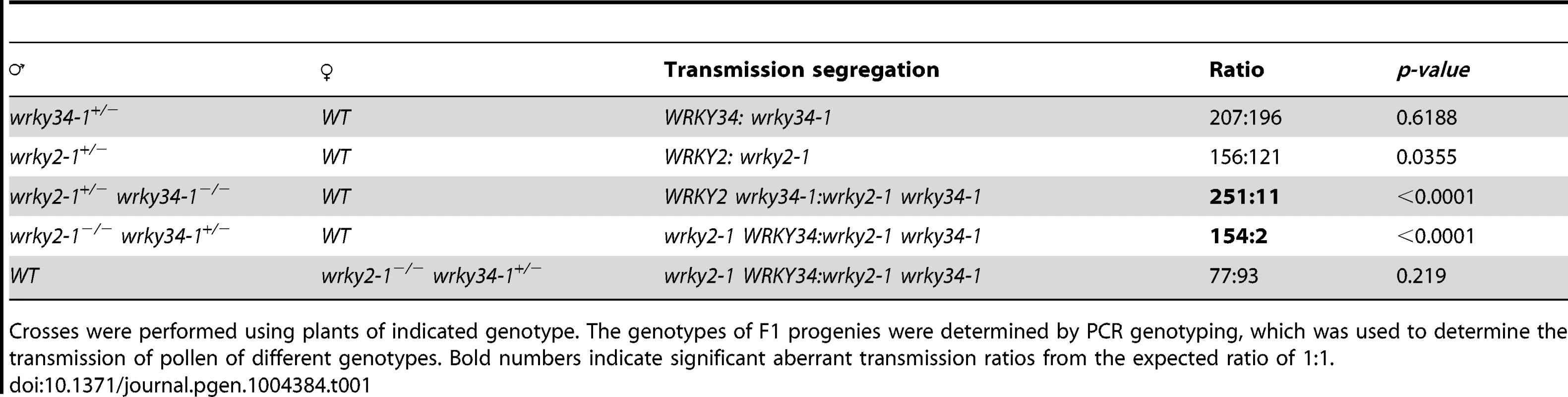 Transmission of <i>wrky2-1</i> and <i>wrky34-1</i> single and double mutant alleles.