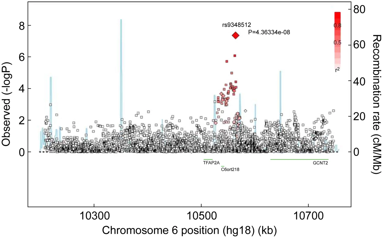Associations between SNPs in the region surrounding rs9348512 on chromosome 6 and breast cancer risk.