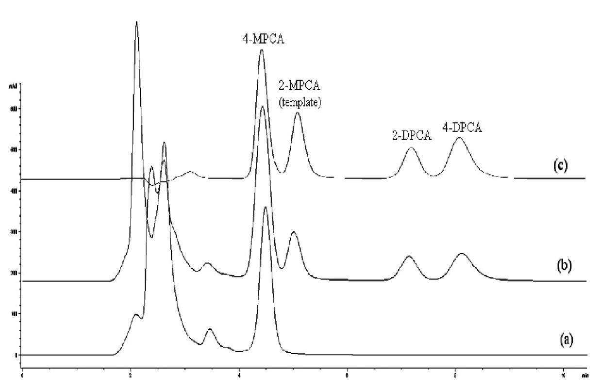 Chromatografické záznamy vzorky ľudskej plazmy bez pridania študovaných látok po SPE na sorbente typu C18 (a), vzorky ľudskej plazmy po pridaní študovaných látok (1 μg/ml) po SPE na MIP2 (b), zmes štandardov (metanolický roztok, 10 μg/ml každého analytu) (c) Kolóna: Separon SGX C18. Mobilná fáza: metanol/acetonitril/ kyselina octová/dietylamín (80/20/0.1/0.1, v/v/v/v), izokratická elúcia. Prietok 0,5 ml/min. Detekcia DAD, 240 nm. Dávkovaný objem 50 μl.