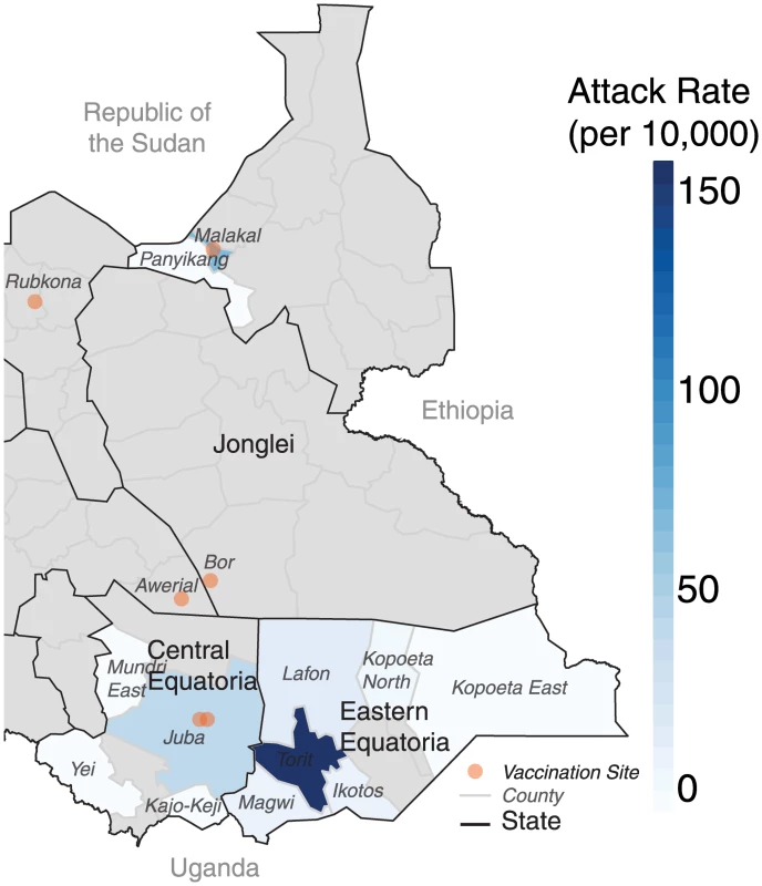 Illustration of the county-level attack rates in the 2014 cholera epidemic with respect to the vaccination locations (orange dots).