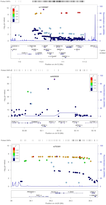 Regional association plots for metabolic syndrome trait dimensions associated with <i>APOC1</i>, <i>BRAP</i>, and <i>PLCG1</i>.