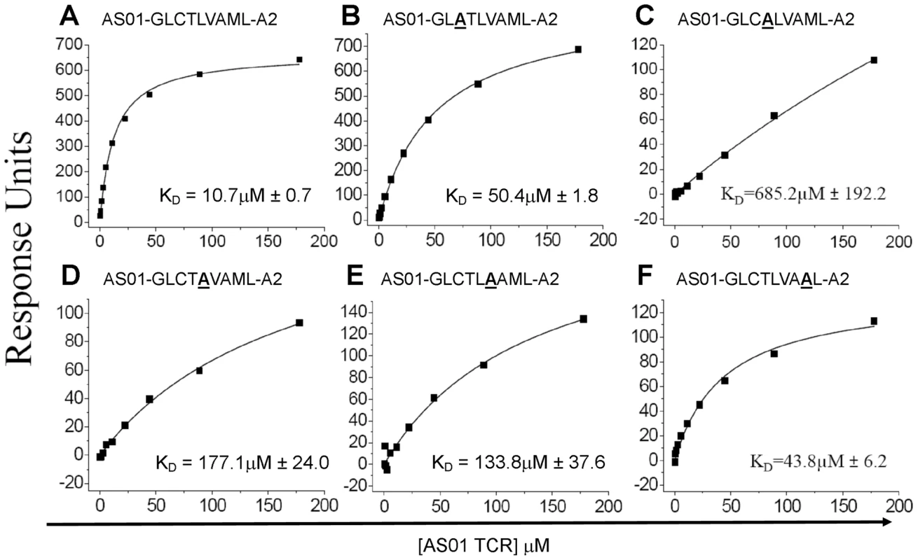 Binding affinities of the AS01 TCR with GLC-A2 variants.