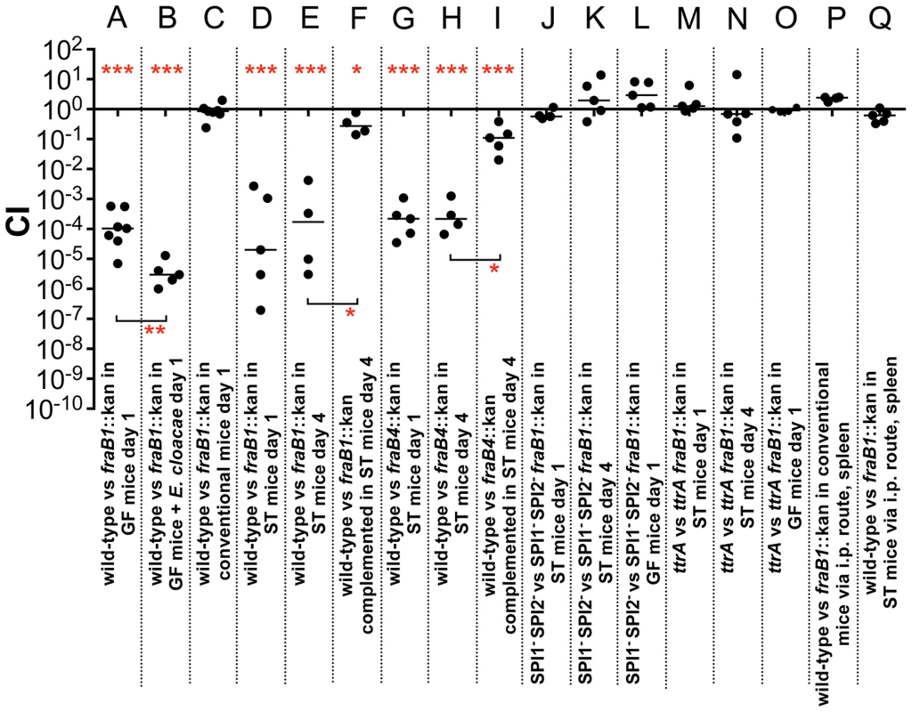 Fitness defect of a <i>fraB1</i>::kan mutant as measured by competitive index (CI) in various genetic backgrounds and mouse models.