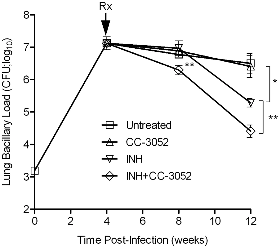 Effect of CC-3052 and INH treatment on the growth of <i>Mtb</i> in rabbit lungs.