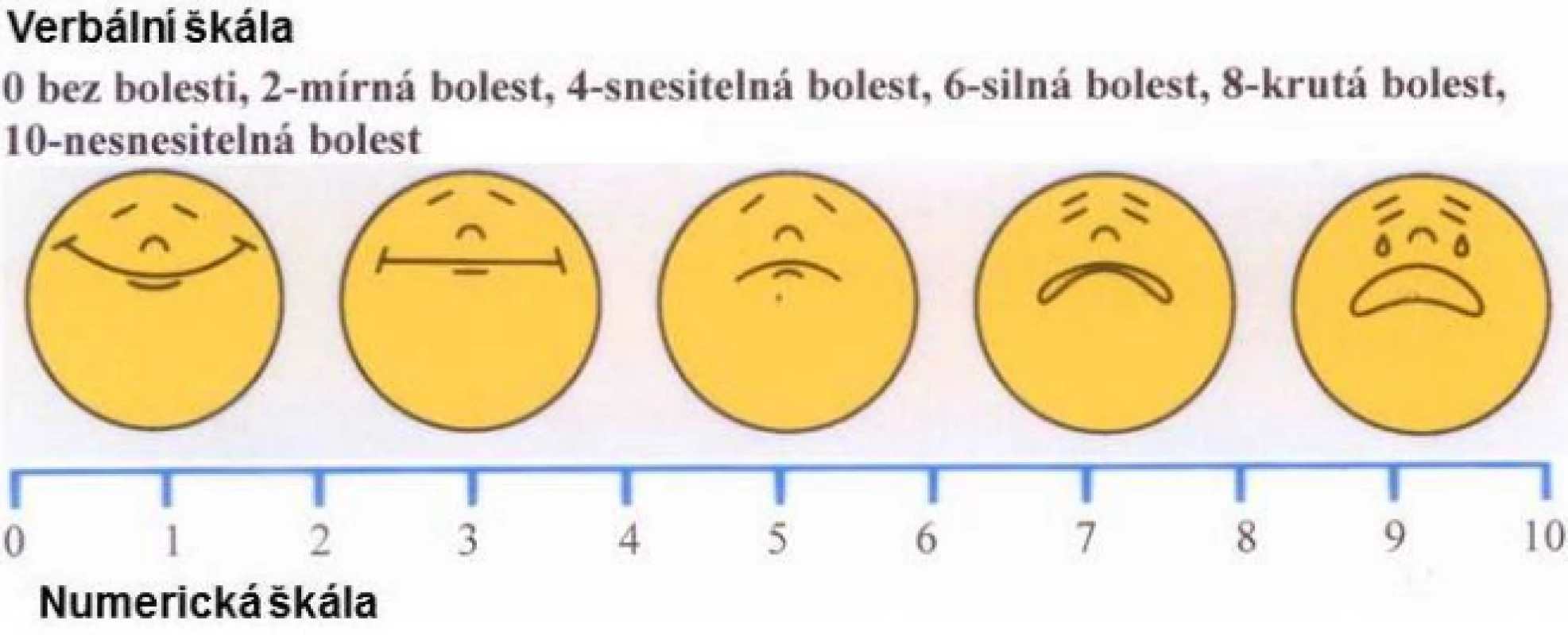 Kombinace různých škál pro měření intenzity bolesti: verbální, obličejová, numerická