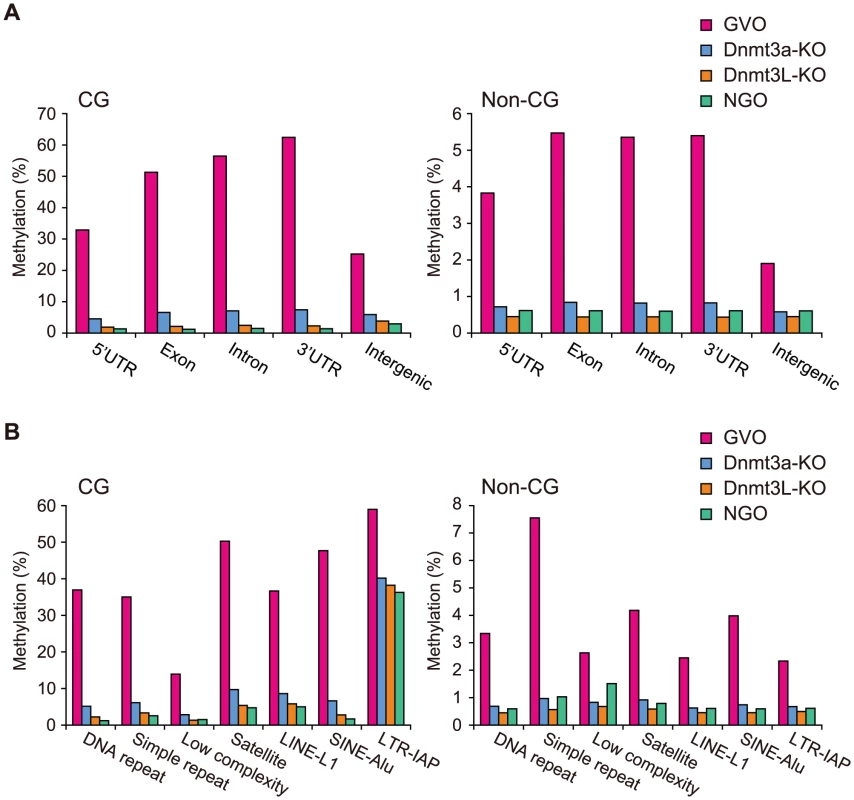 CG and non-CG methylation levels in different genomic elements in NGOs, GVOs, Dnmt3a-KO, and Dnmt3L-KO.