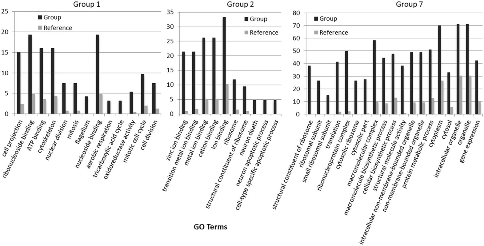 Gene expression heatmap group 1, 2 and 7 GO term overrepresentation.