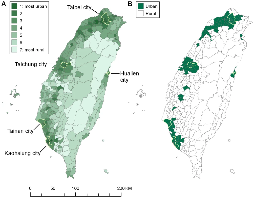 Maps of Taiwanese townships by urbanisation level, 2000.