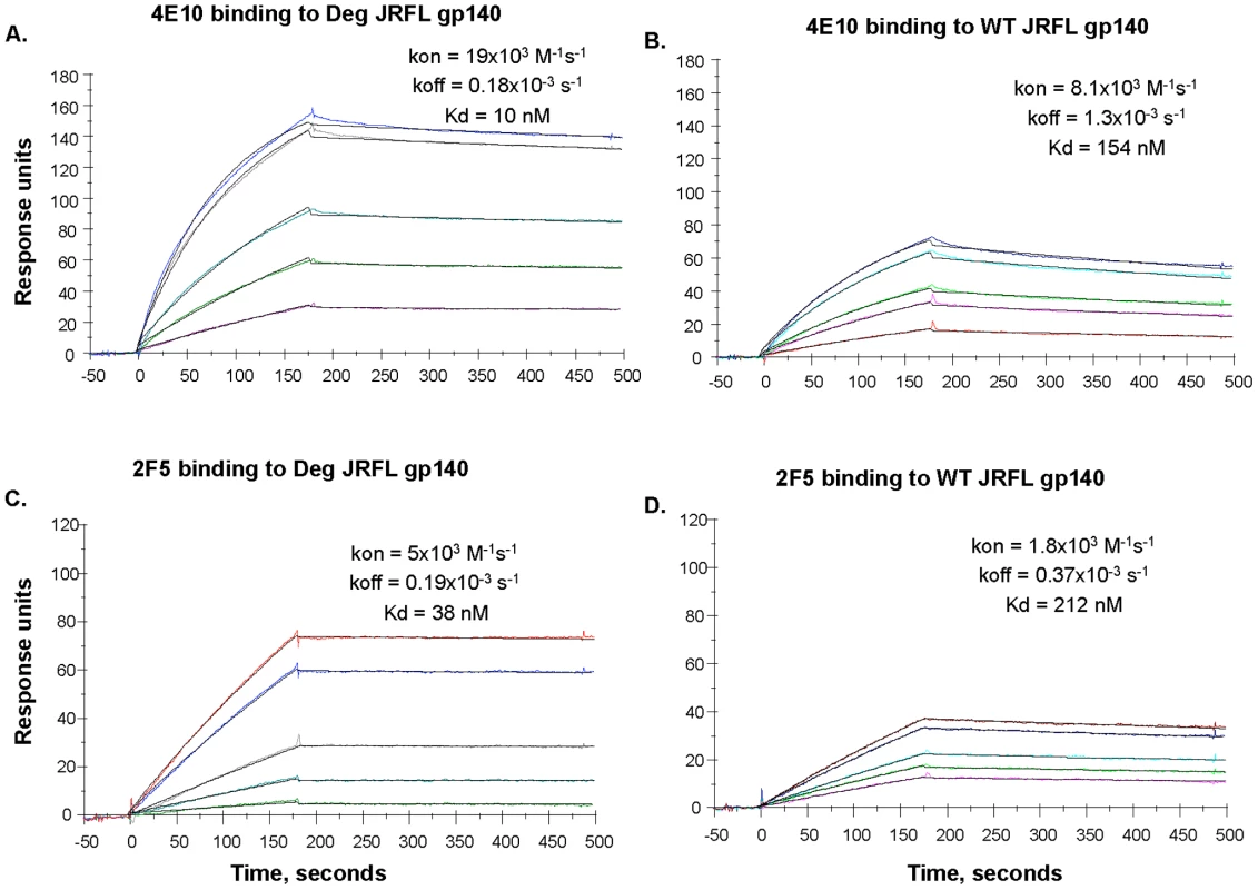 SPR assays for native and deglycosylated JRFL gp140 binding to mAbs 4E10 and 2F5.