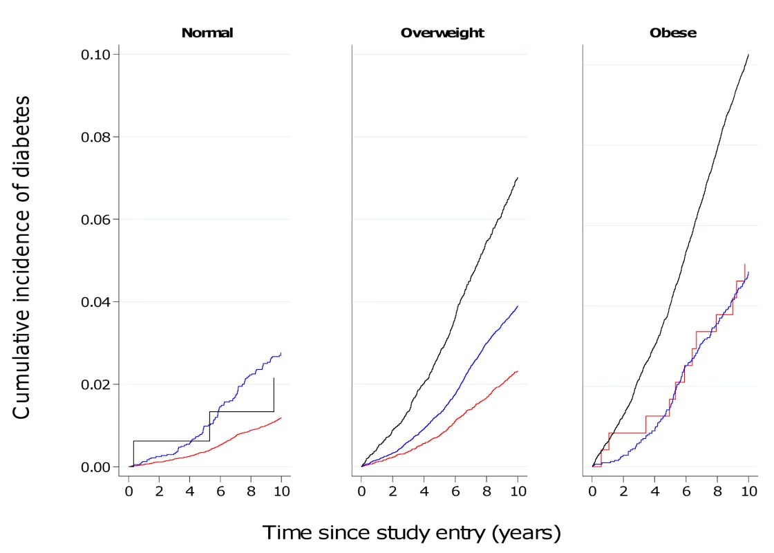 Cumulative incidence of type 2 diabetes over 10 y by BMI and waist circumference groups in men.