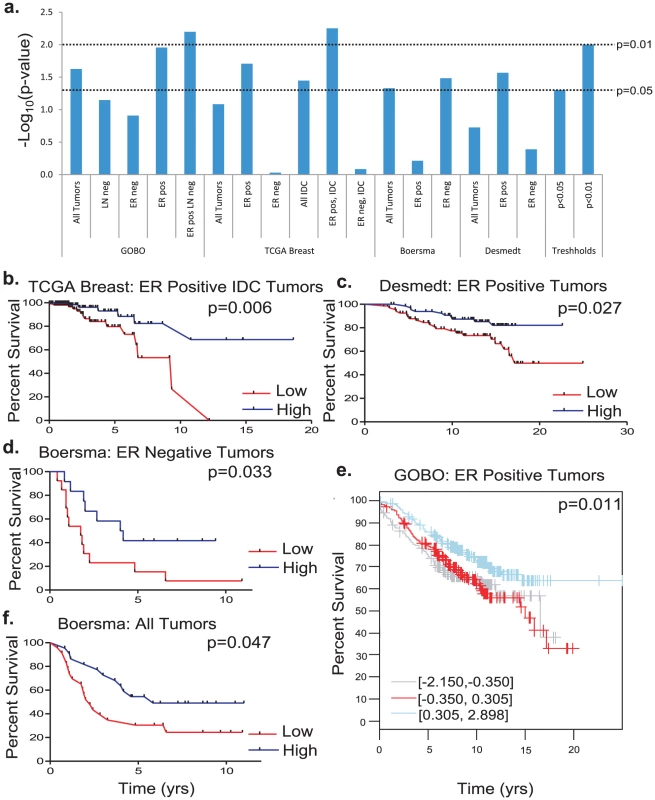 The effect of <i>Cadm1</i> expression levels on survival in patient datasets.