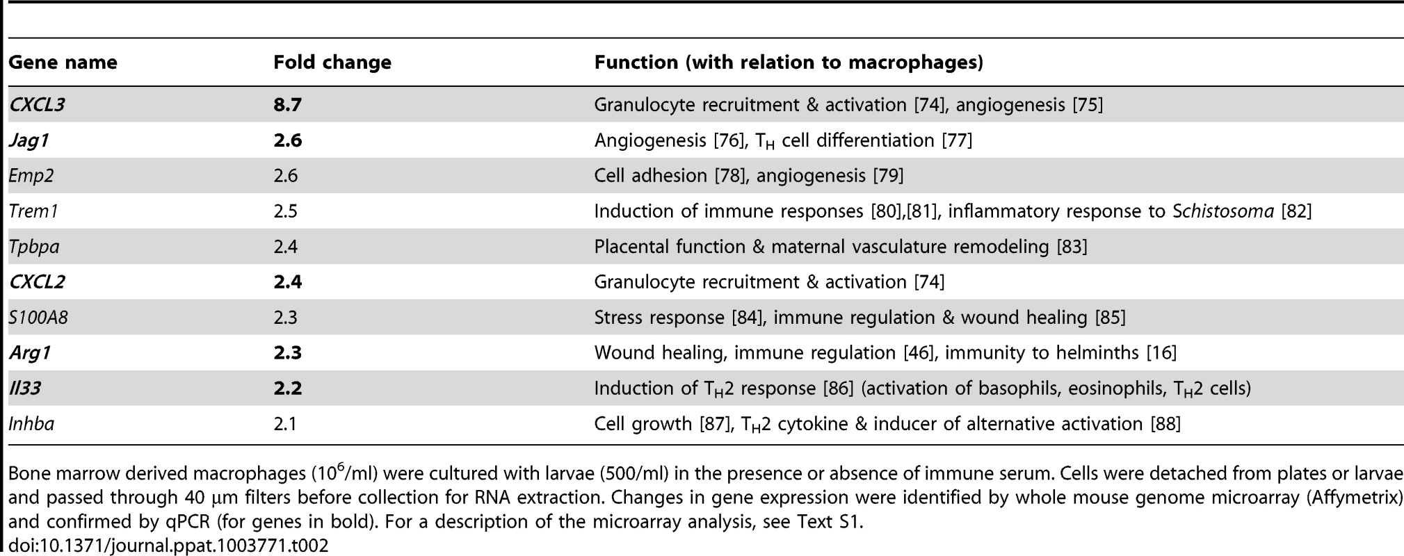 Fold induction and function of the 10 most upregulated genes in macrophages co-cultured with immune serum in combination with larvae as compared to larvae alone.