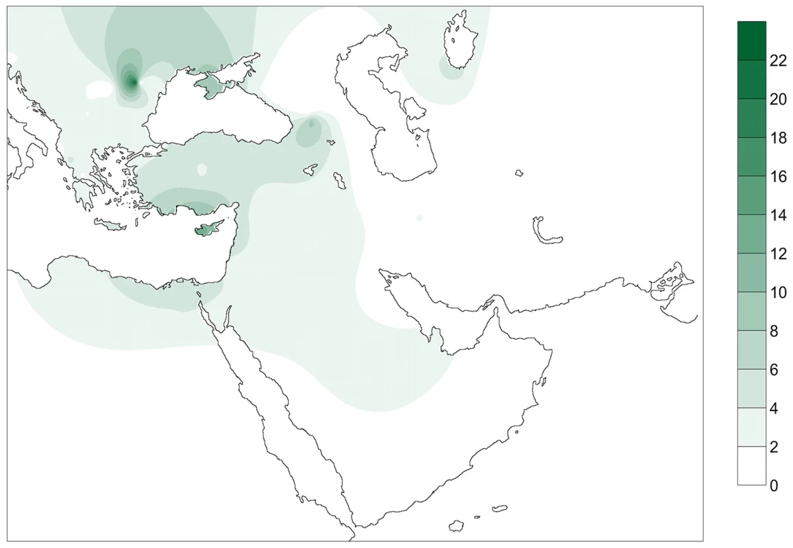 Contour map displaying the percentage of individuals of the database carrying PPNB haplotypes.