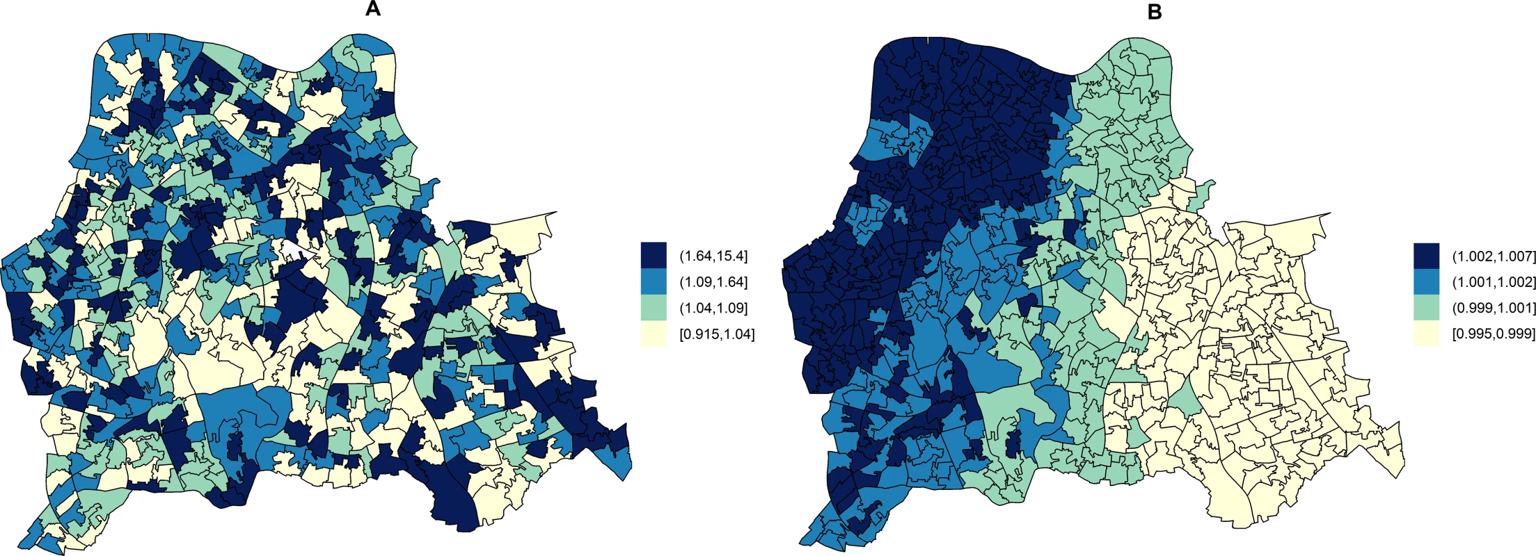 Maps for RR of HA- and CA-MRSA in LSOAs compared to the whole catchment area in disease mapping (unadjusted) models.
