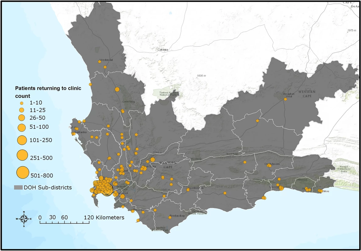 Map of Western Cape province indicating clinics where silent transfers and patients who disengaged returned to care until 30 June 2015.