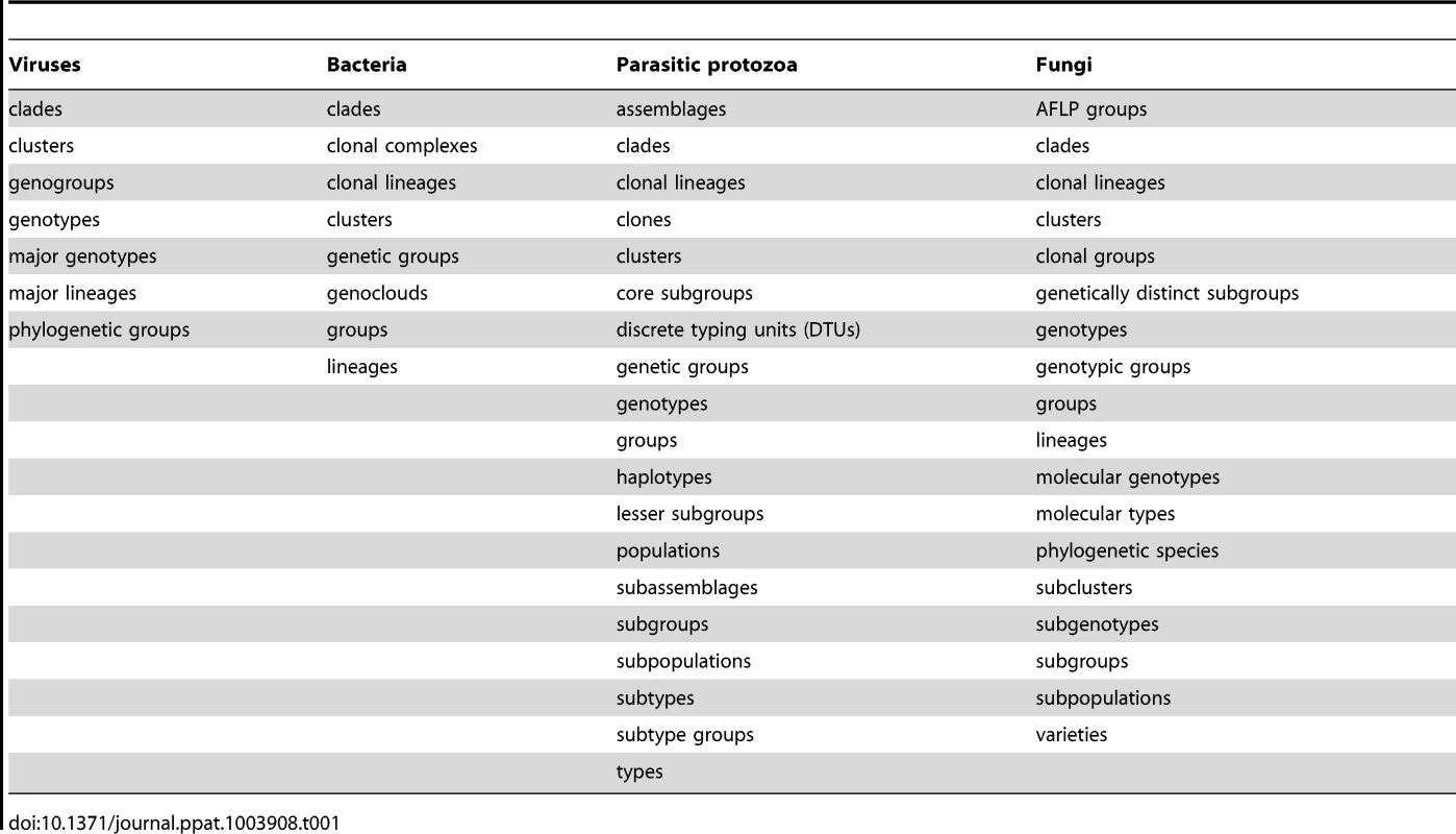 The many different terms used in the pathogen population genetic literature to designate the same evolutionary entity (near-clade).