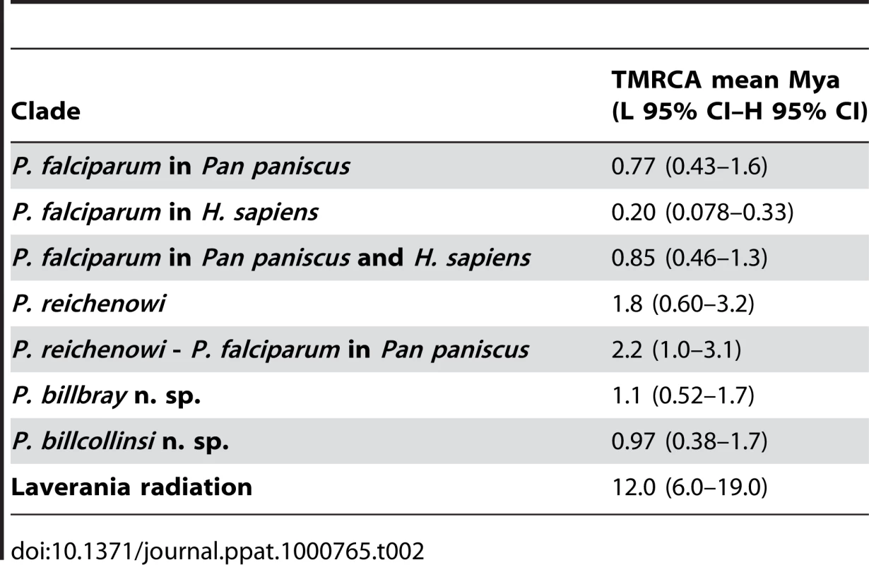 Estimated TMRCA for different parasite groups.