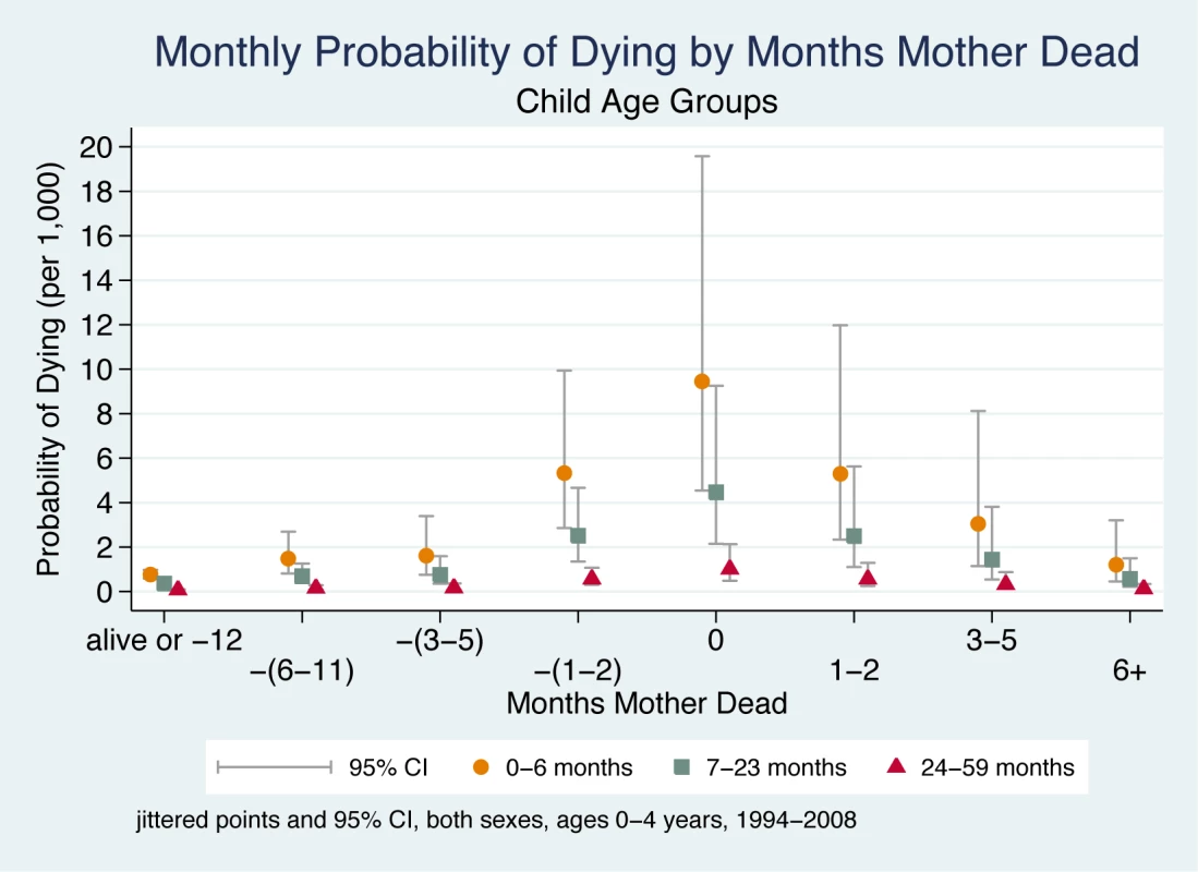 Monthly probability of child death in Agincourt sub-district, South Africa (1994–2008) by time before/after mother's death and child age.