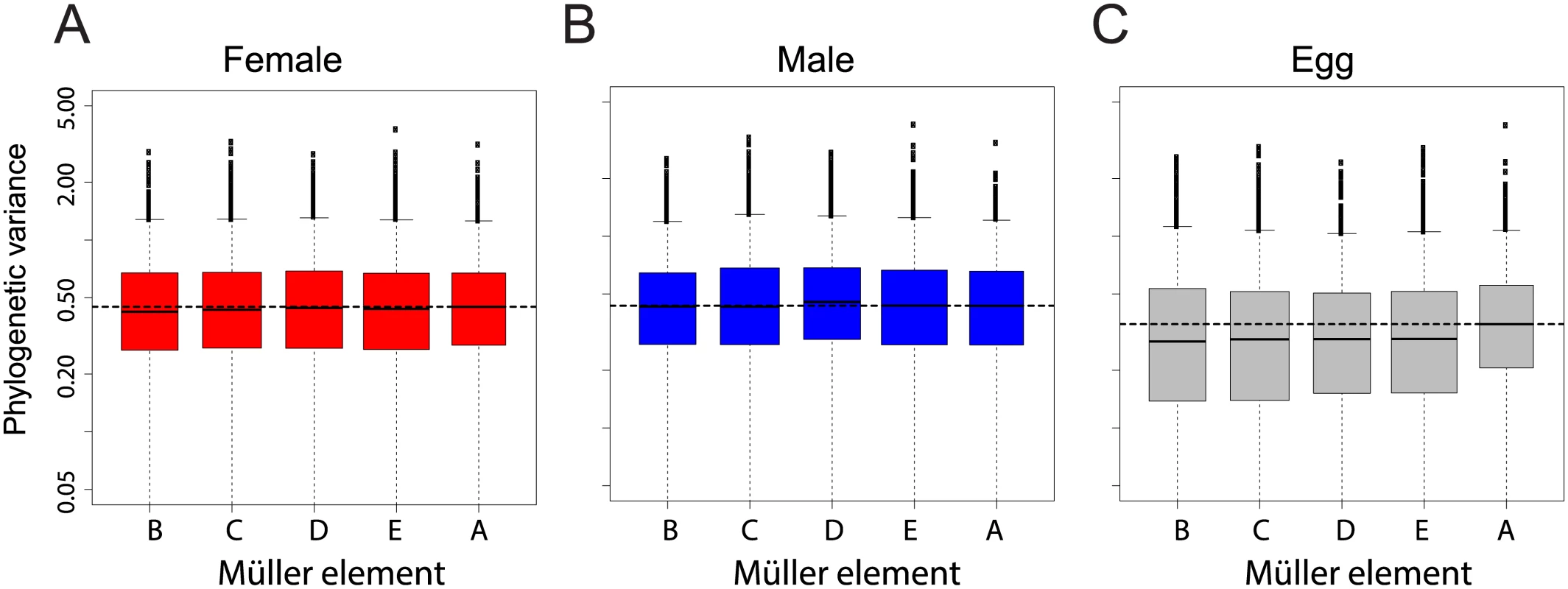 Chromosomal distribution of inter-species gene expression divergence in females (A), males (B) and eggs (C).
