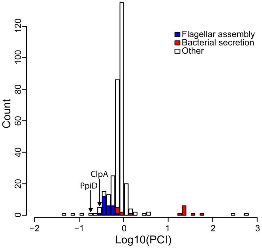 The distribution of the Putative Client Index, <i>PCI</i>, among <i>hsp90A</i>-associated genes.