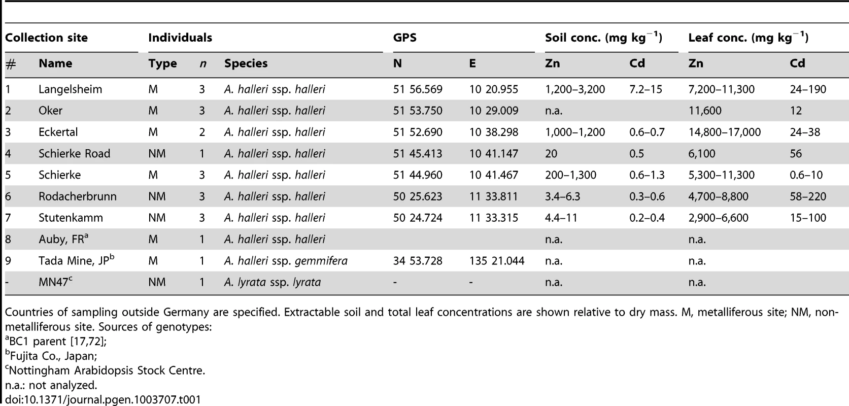 Origin of <i>Arabidopsis halleri</i> individuals and other plants used in this study.