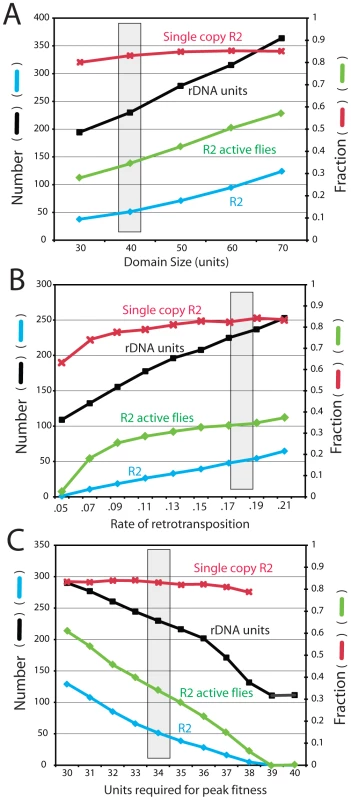 Effects of varying the transcription domain size, retrotransposition rate, and selection against inserted units.