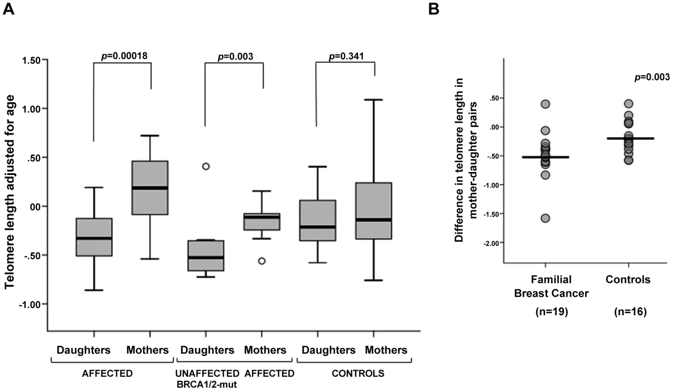 Changes in telomere length between mother-daughter pairs.