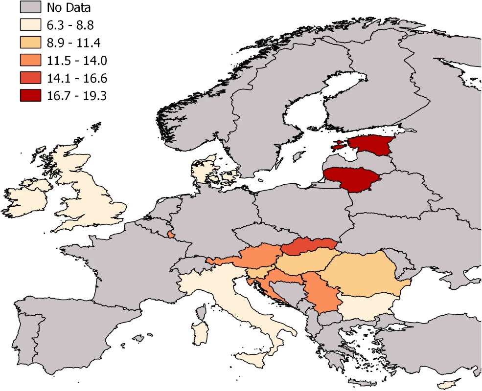 Age-standardized TBI death rates per 100,000 persons in 16 European countries in 2013.