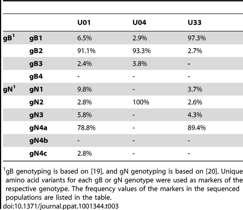 Frequency of gB and gN genotype markers in high throughput sequence data.