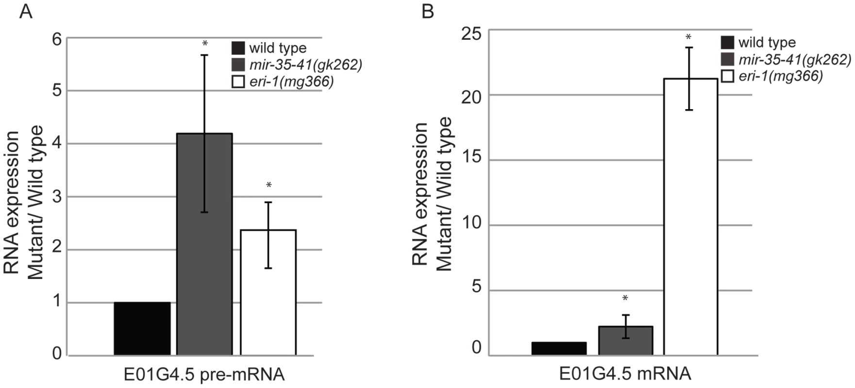 Mis-regulation of the E01G4.5 endo–siRNA target in <i>mir-35-41</i> mutants.