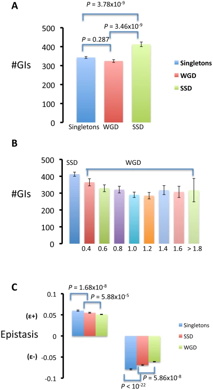 Gene duplicated by small-scale duplications (SSD) present a larger number of genetic interactions (#GI) than those duplicated by whole-genome duplication (WGD) and singletons.