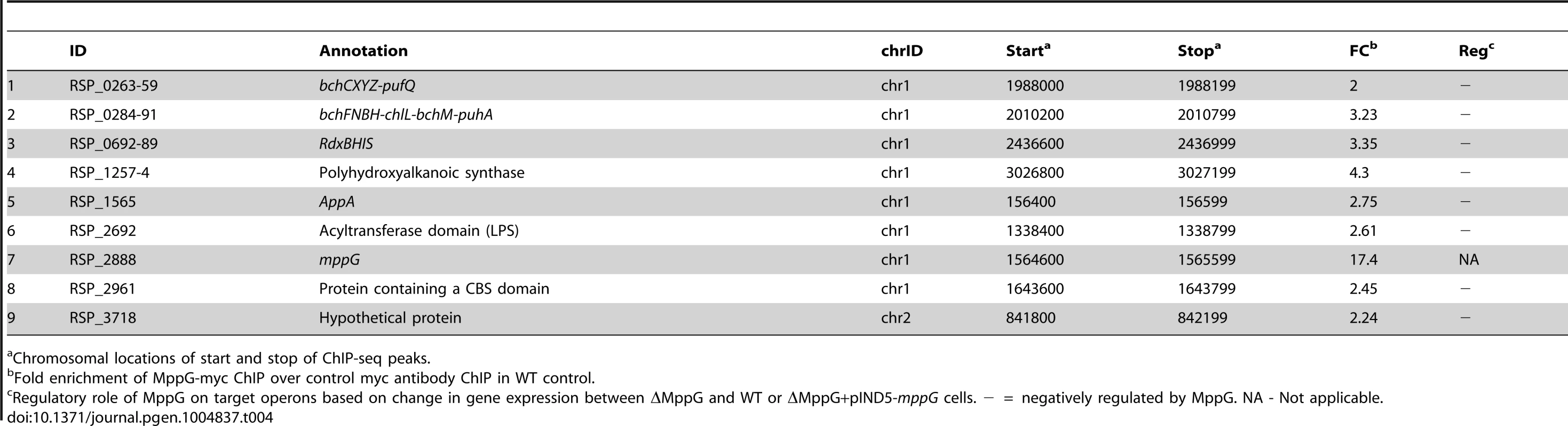 MppG target genes identified by ChIP-seq and gene expression analysis.